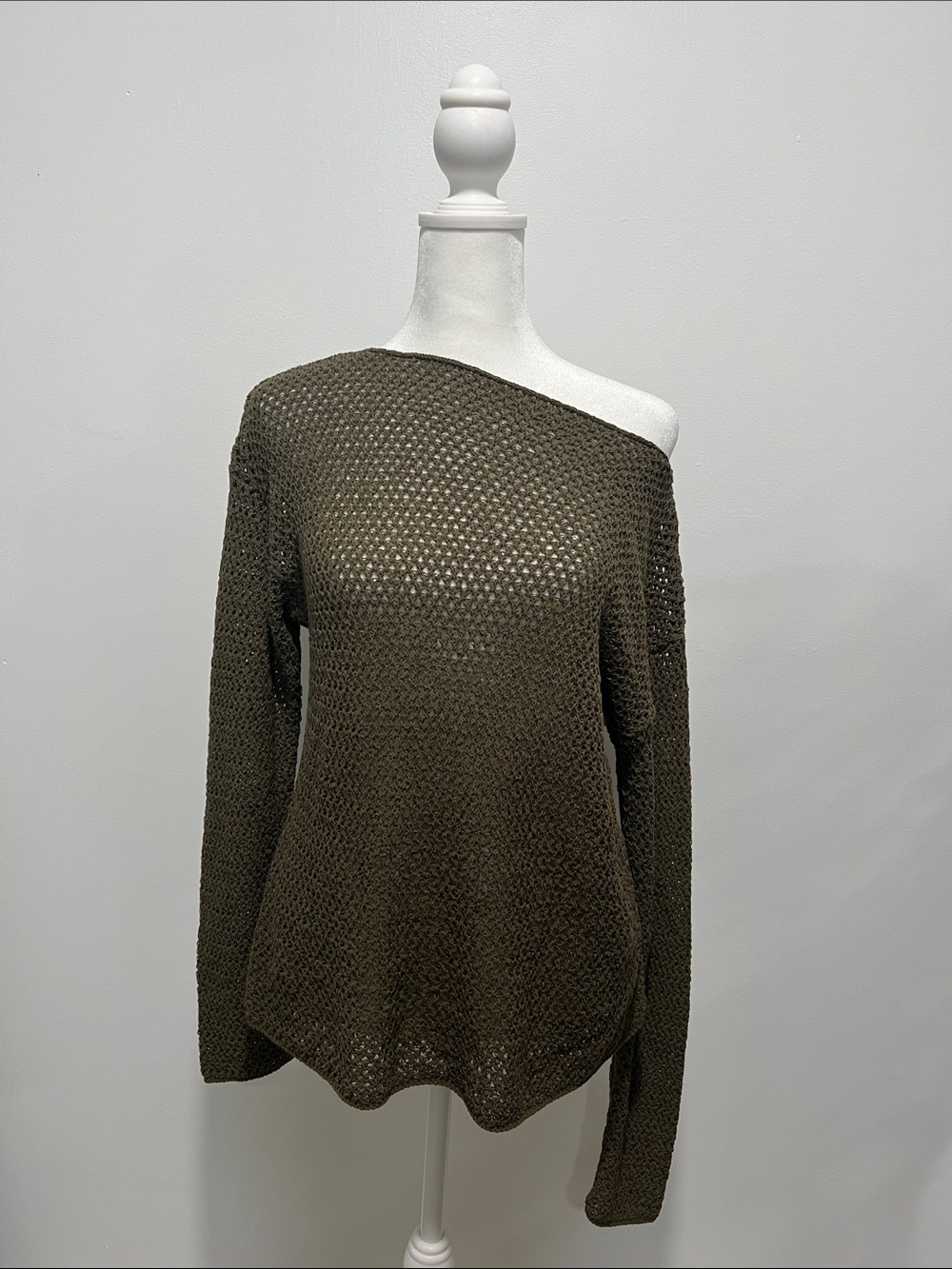 Mango Olive Open-Knit Off-Shoulder Sweater